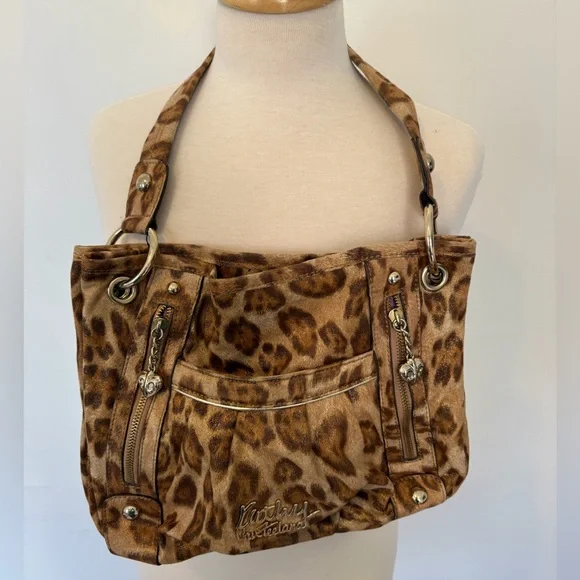 Kathy Van Zeeland Leopard Print Shoulder Bag Y2K Glam Heart Zipper Purse - Picture 1 of 2